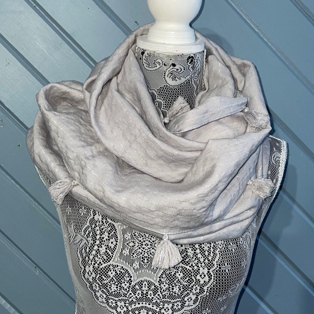 Ann Taylor light weight infinity grey with silver tassels infinity scarf
